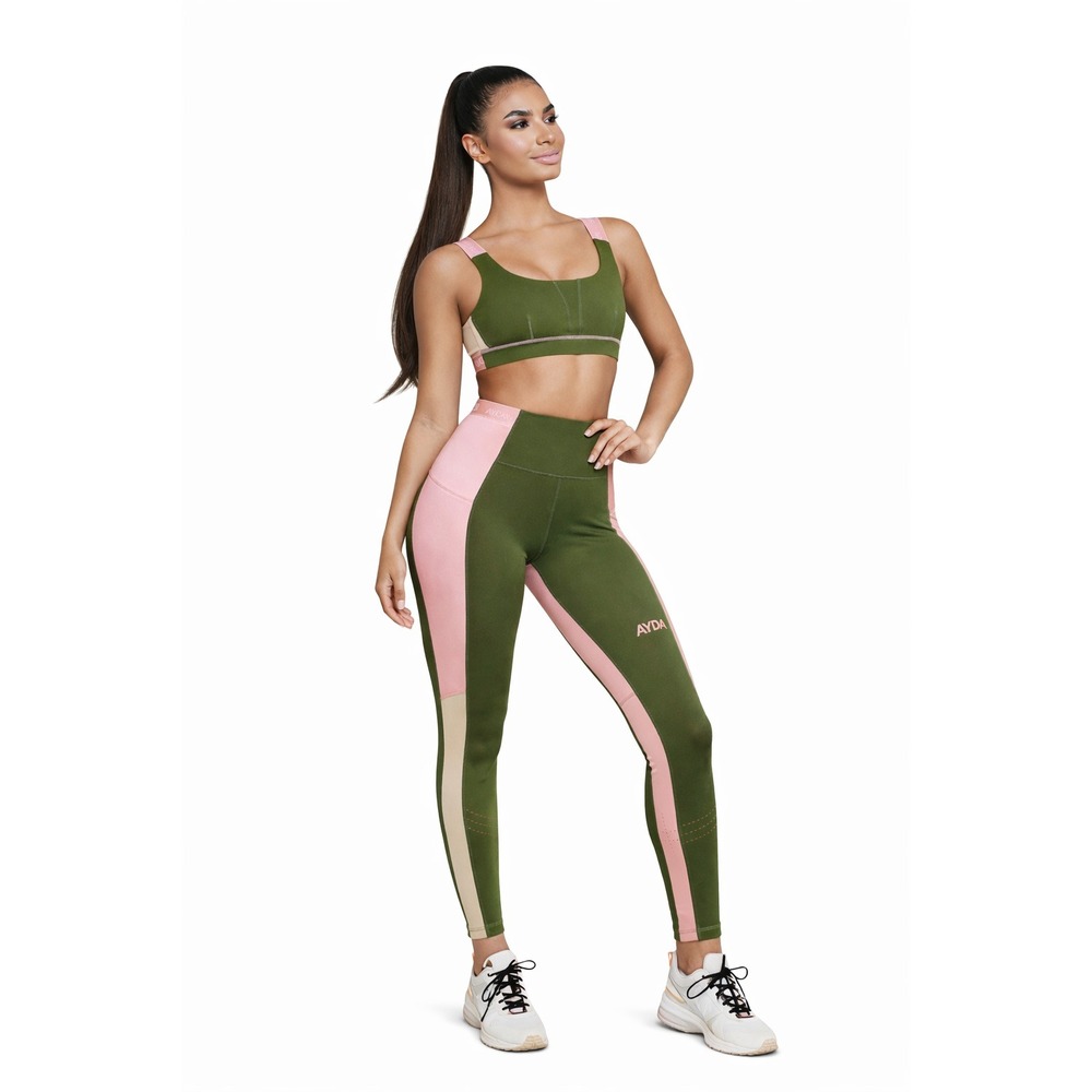 NWT New Ayda Performance Leggings Green Pink Color Block Sport Yoga L